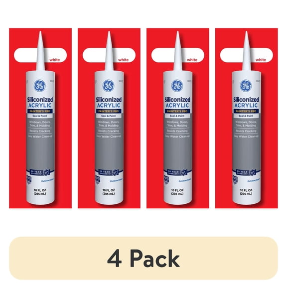 (4 pack) GE Siliconized Acrylic Painters Pro Sealant Seal & Paint, Pack of 1, White 10 fl oz Cartridge
