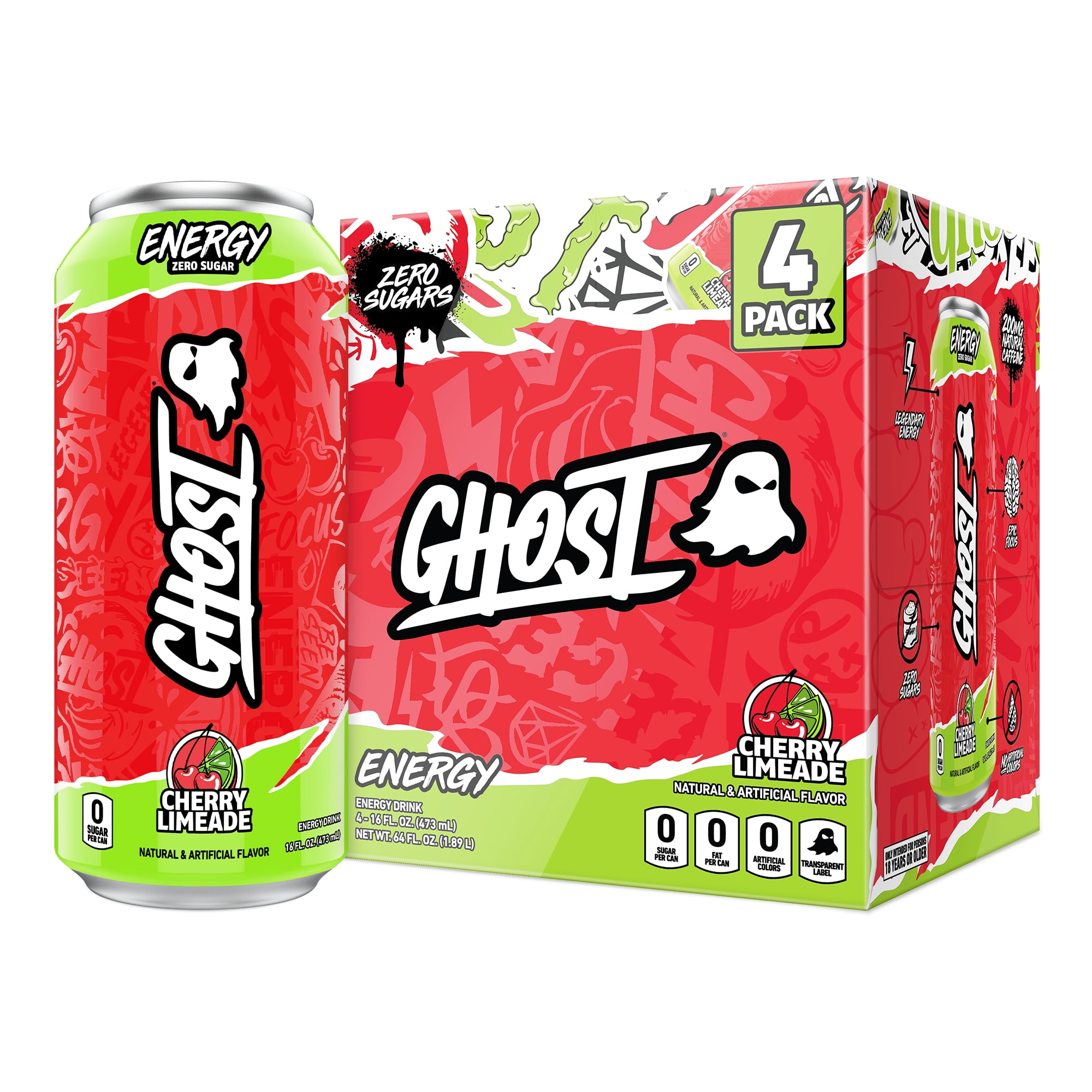 (4 pack) GHOST® ENERGY Zero Sugars Energy Drink, Cherry Limeade, 16 fl