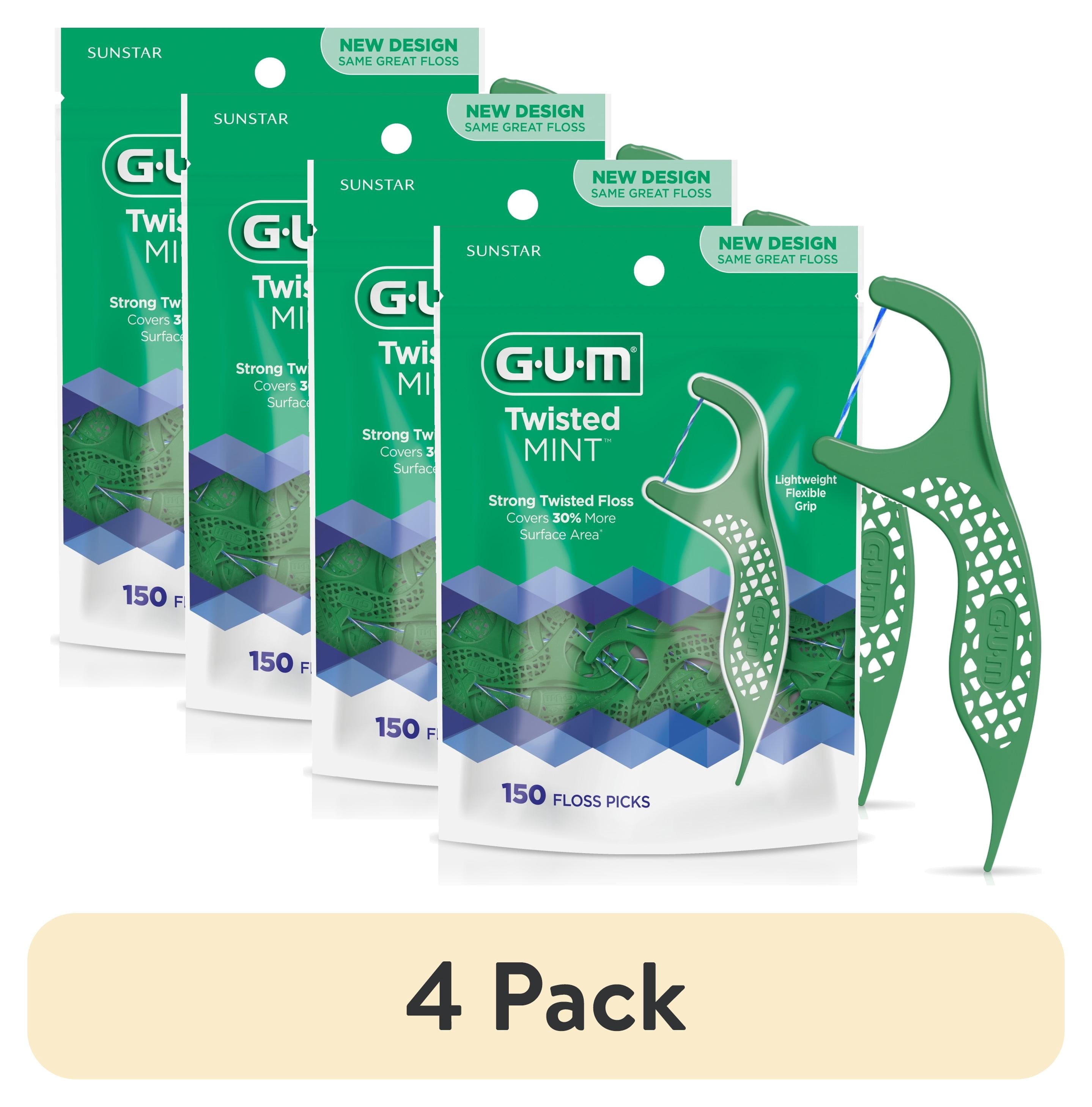 (4 pack) GUM Twisted Mint Floss Picks - Twisted Threads, Shred-Resistant Floss, Easy Grip Handle, 150 Count