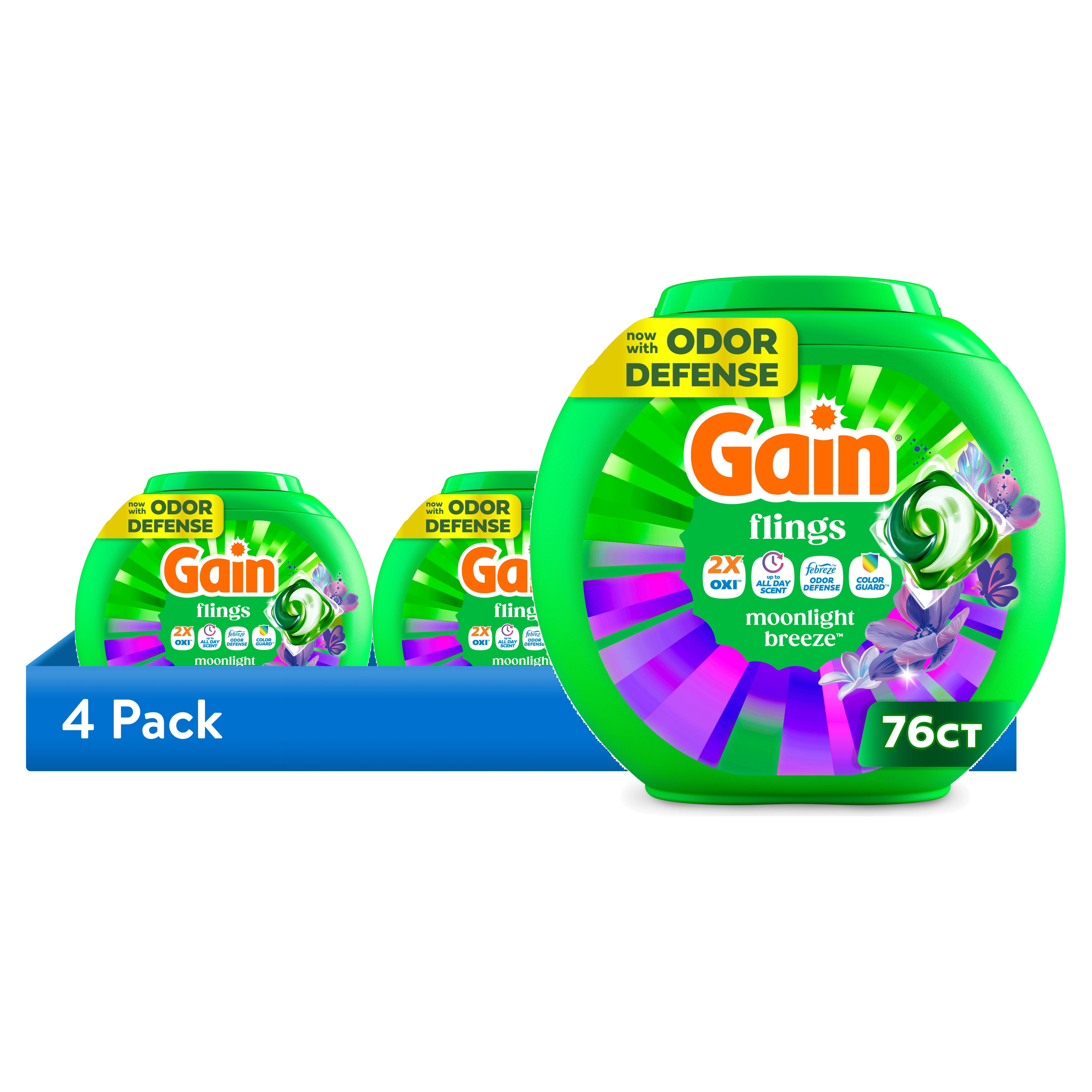 (4 pack) Gain Flings Laundry Detergent Soap Pacs, 4-in-1 Oxi Boost and Febreze, Moonlight Breeze Scent, 76 Count
