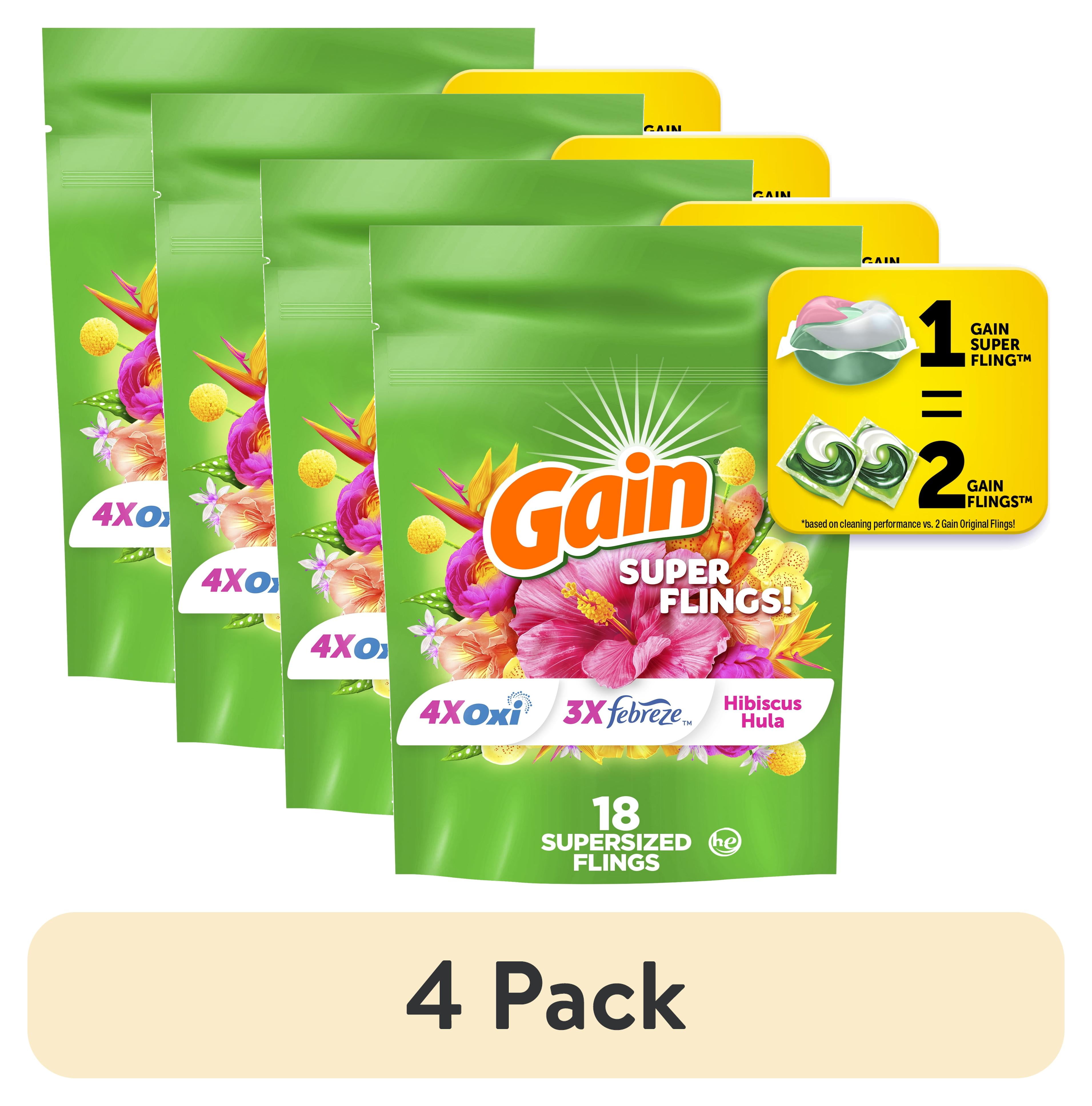 (4 pack) Gain Plus Flings Laundry Detergent Soap Pacs, All-In-One, Happy Hibiscus Scent, 18 Count