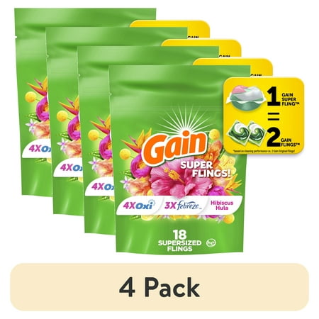 (4 pack) Gain Happy Super-Sized Flings Laundry Detergent Packs, Hibiscus Hula Scent, 18 Count