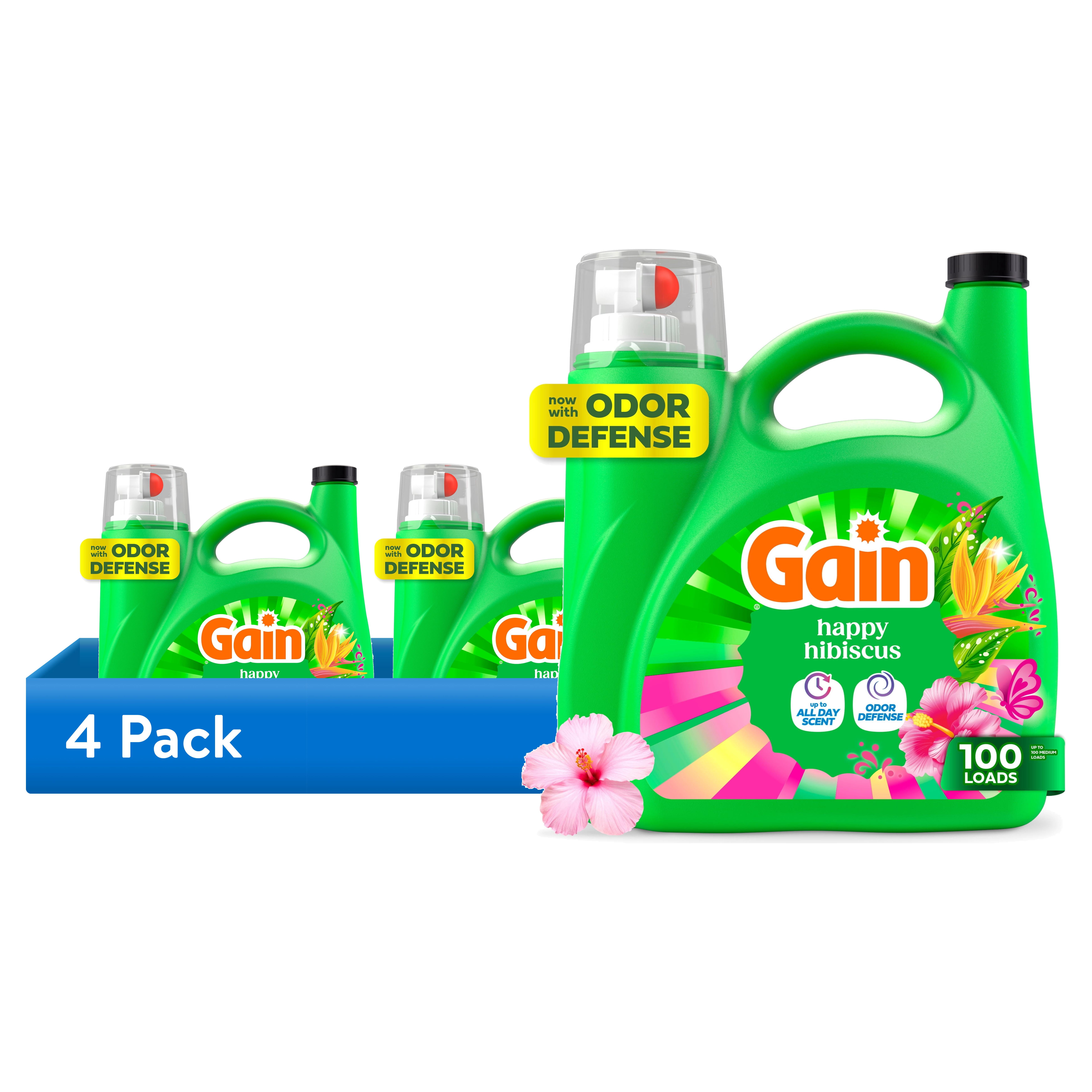(4 pack) Gain Laundry Detergent Liquid, Now with Odor Defense, Happy Hibiscus Scent, 132 fl oz, 100 Loads