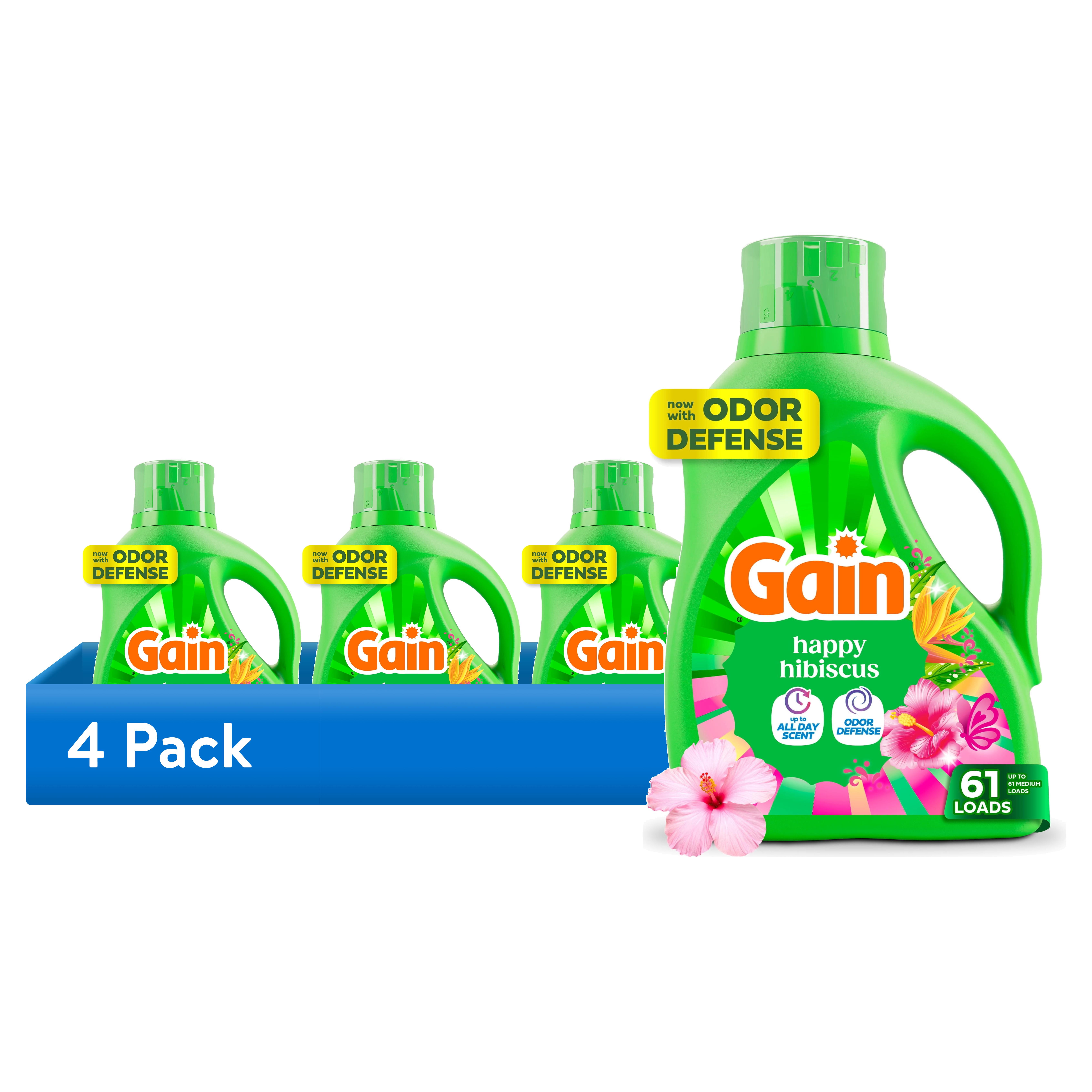 (4 pack) Gain Laundry Detergent Liquid, Now with Odor Defense, Happy Hibiscus Scent, 81 fl oz, 61 Loads