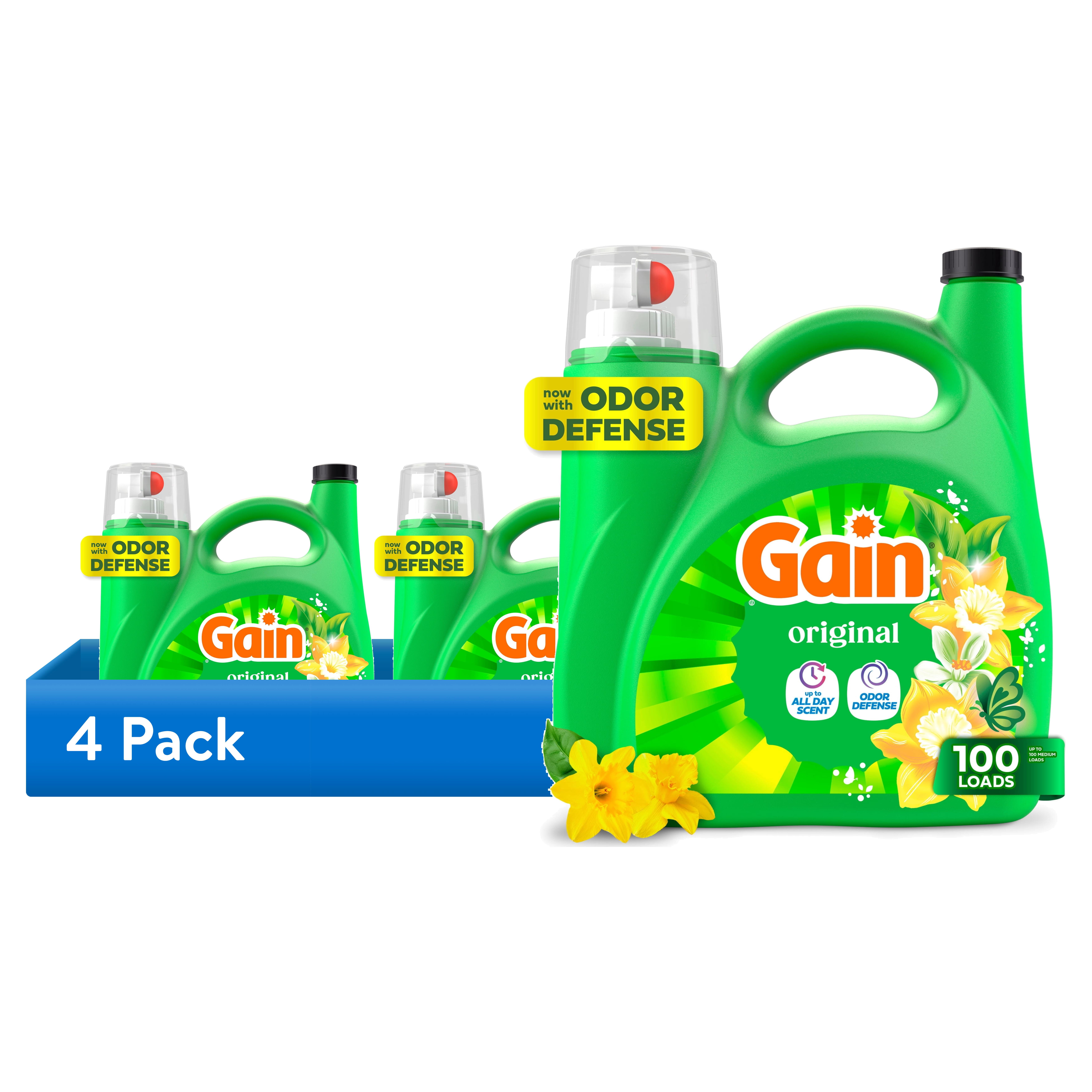 (4 pack) Gain Laundry Detergent Liquid, Now with Odor Defense, Original Scent, 132 fl oz, 100 Loads