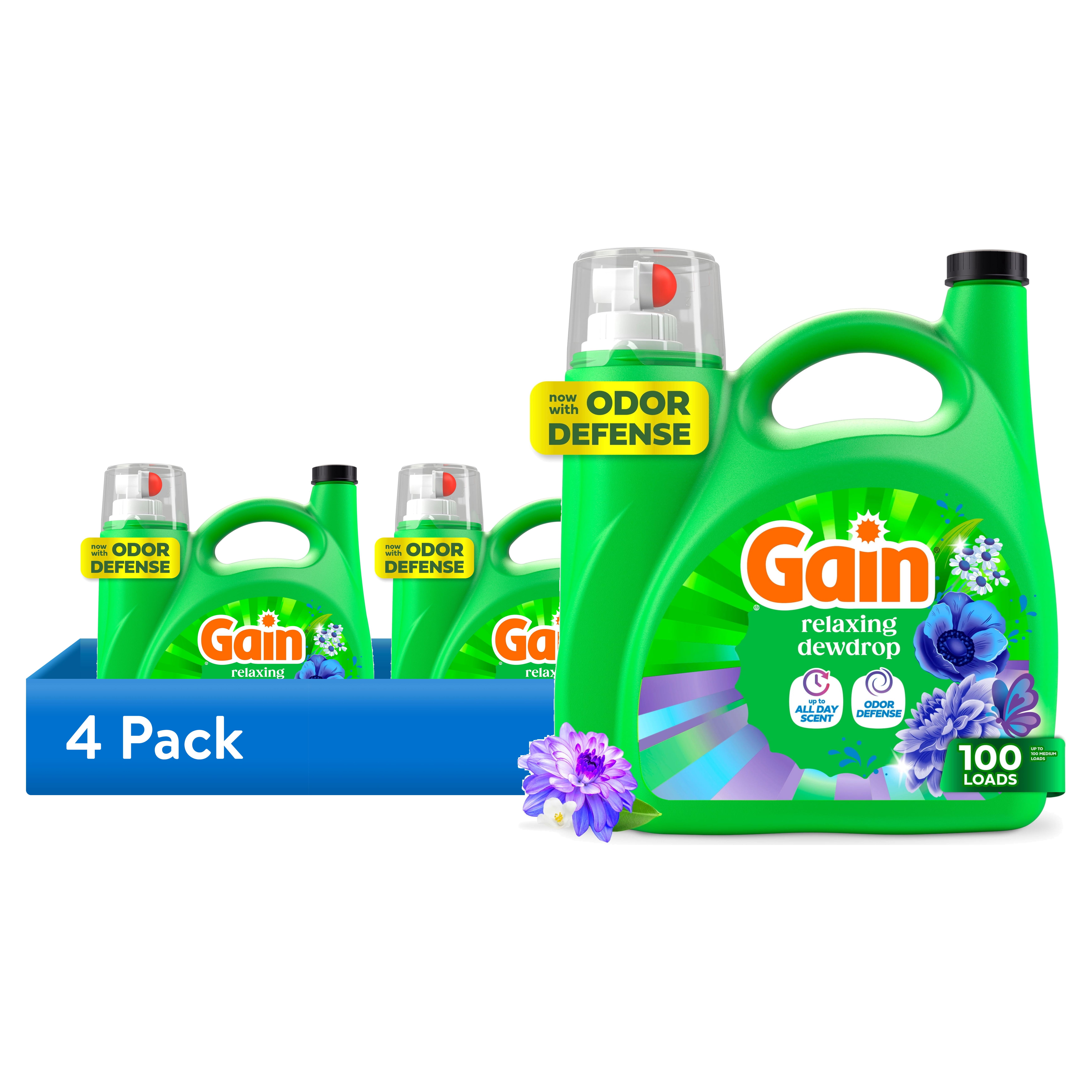 (4 pack) Gain Laundry Detergent Liquid, Now with Odor Defense, Relaxing Dewdrop Scent, 132 fl oz, 100 Loads