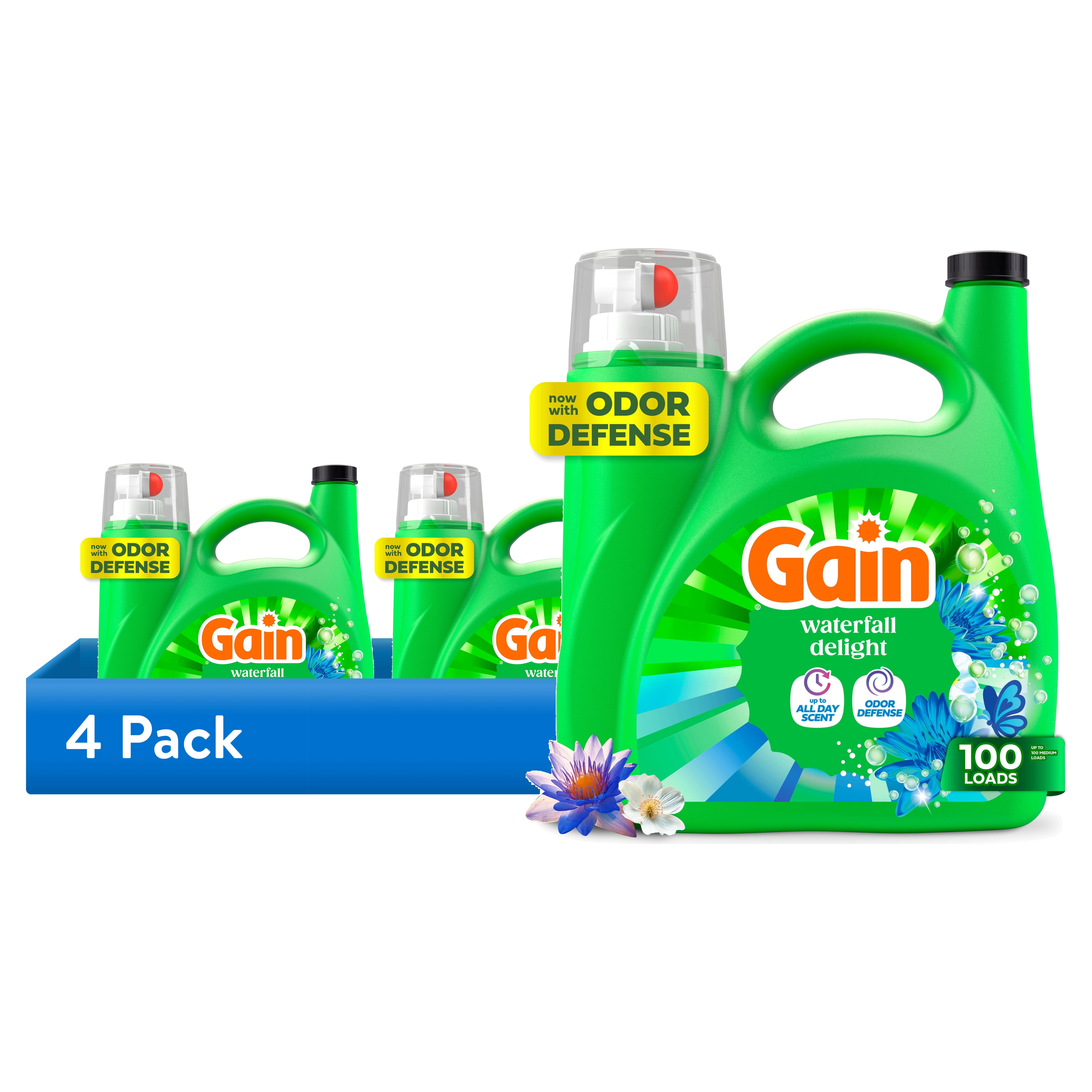 (4 pack) Gain Laundry Detergent Liquid, Now with Odor Defense, Waterfall Delight Scent, 132 fl oz, 100 Loads