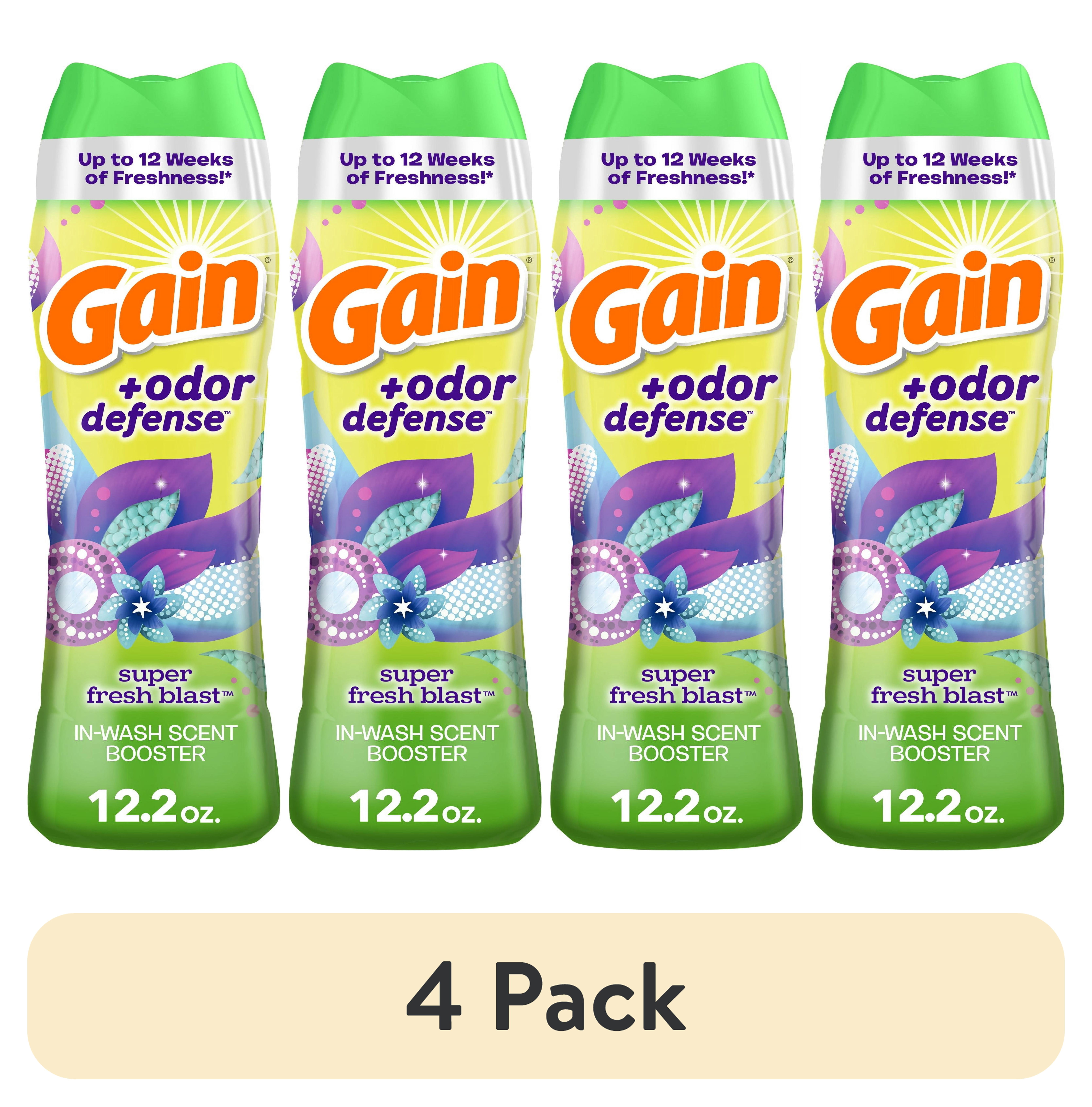 (4 pack) Gain + Odor Defense In-Wash Scent Booster, Super Fresh Blast Scent, 12.2 oz