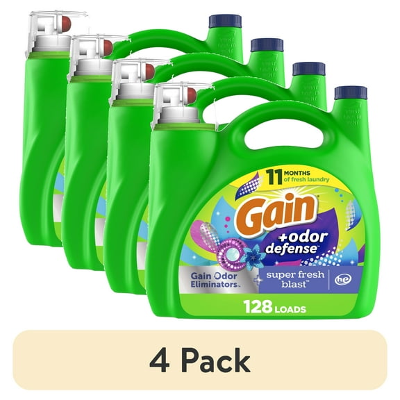 (4 pack) Gain Odor Defense Liquid Laundry Detergent, Super Fresh Blast Scent, 184 fl oz, 128 Loads
