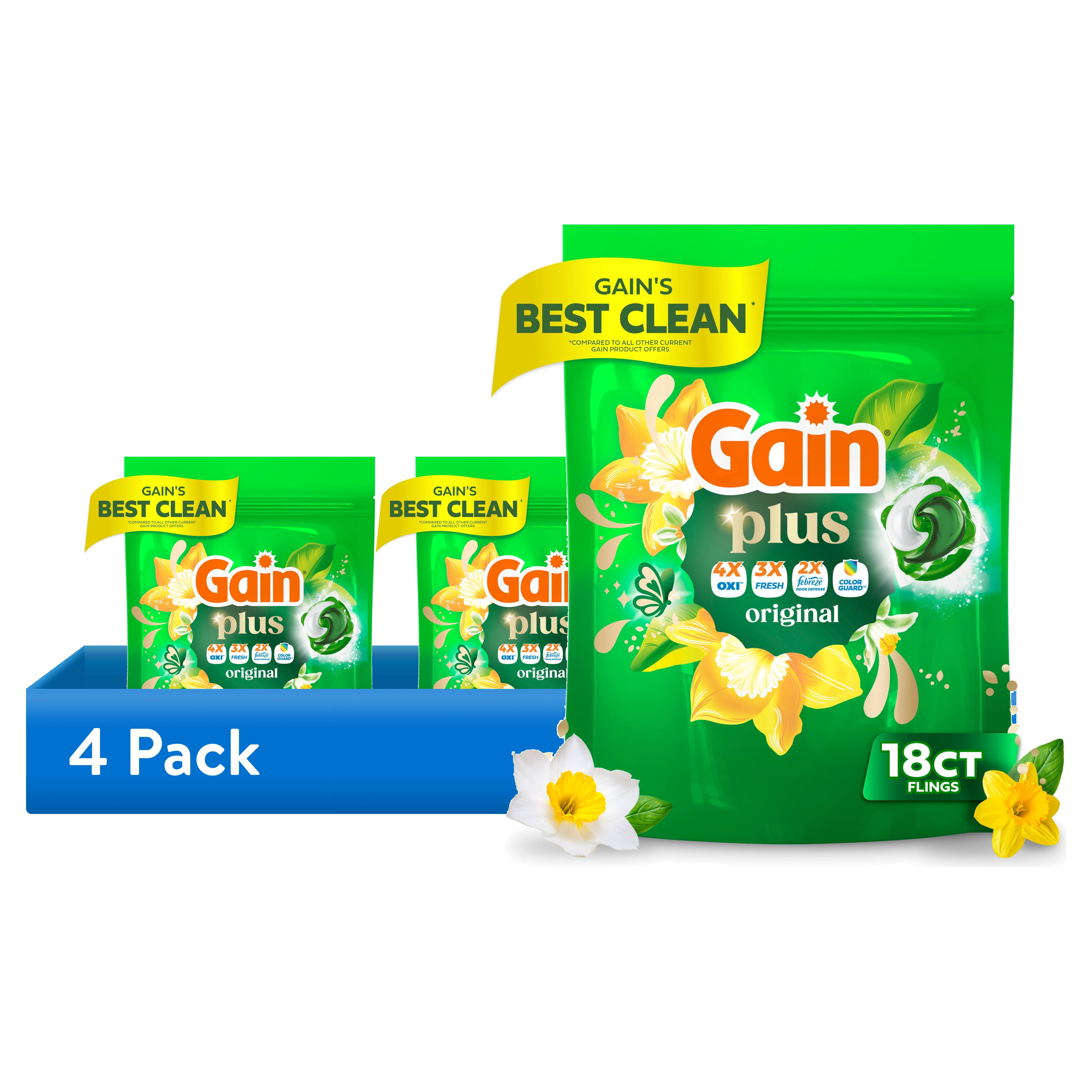 (4 pack) Gain Plus Flings Laundry Detergent Liquid Washing Pacs, Gain's Best All-In-One Clean, Original Scent, 18 Count