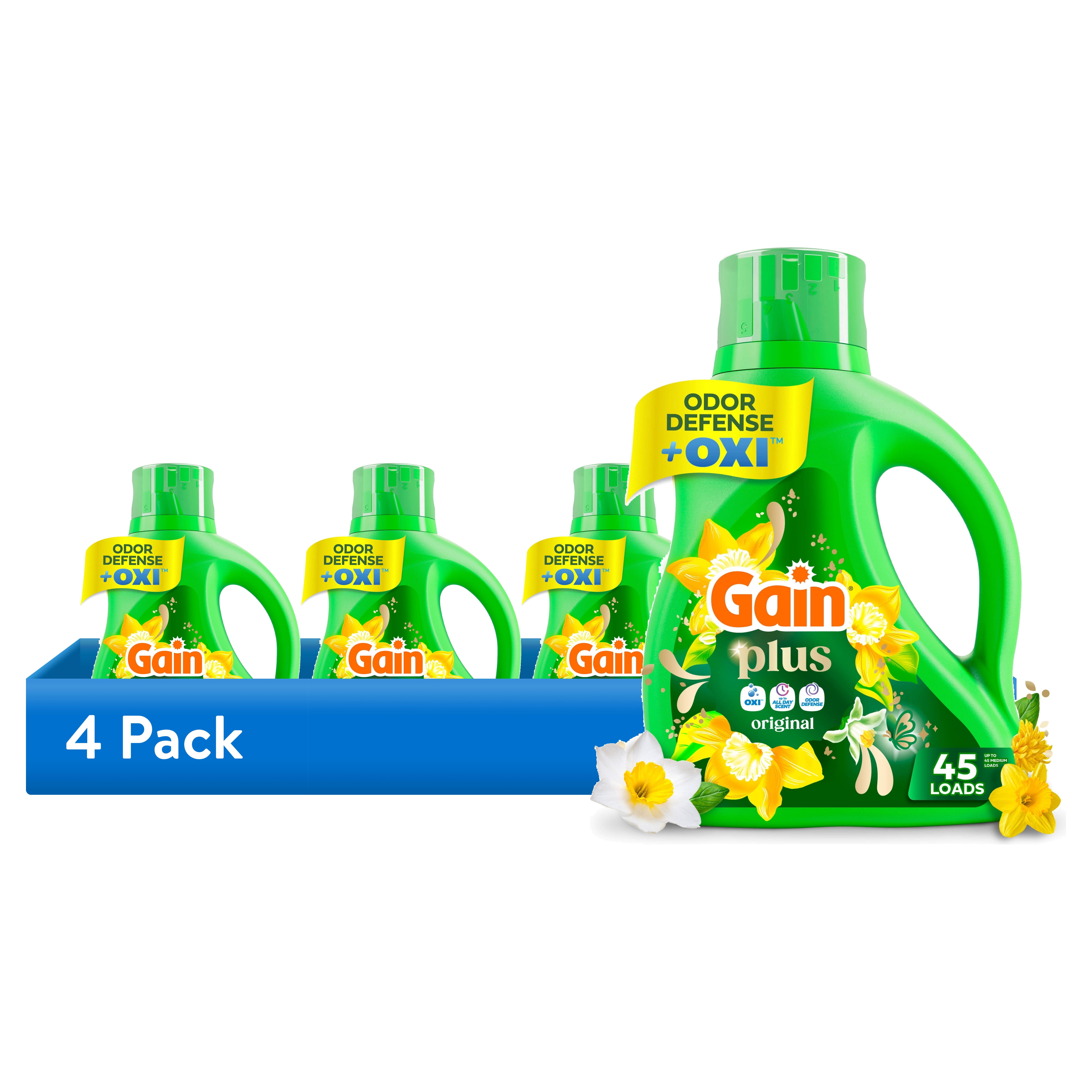 (4 pack) Gain Plus Laundry Detergent Liquid, Now with Odor Defense + OXI, Original Scent, 60 fl oz, 45 Loads