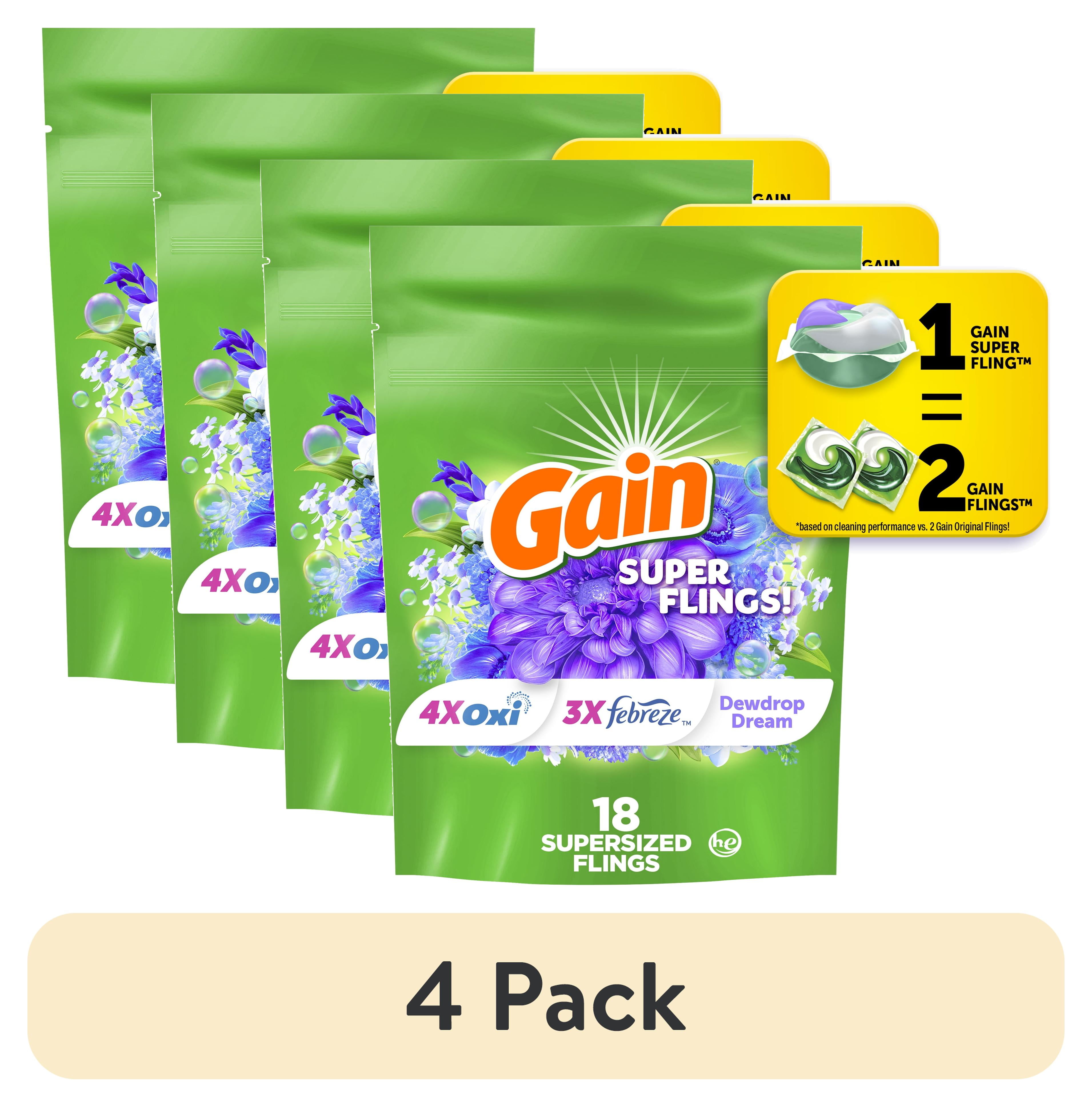 (4 pack) Gain Relax Super-Sized Flings Laundry Detergent Packs, Dewdrop Dream Scent, 18 Count