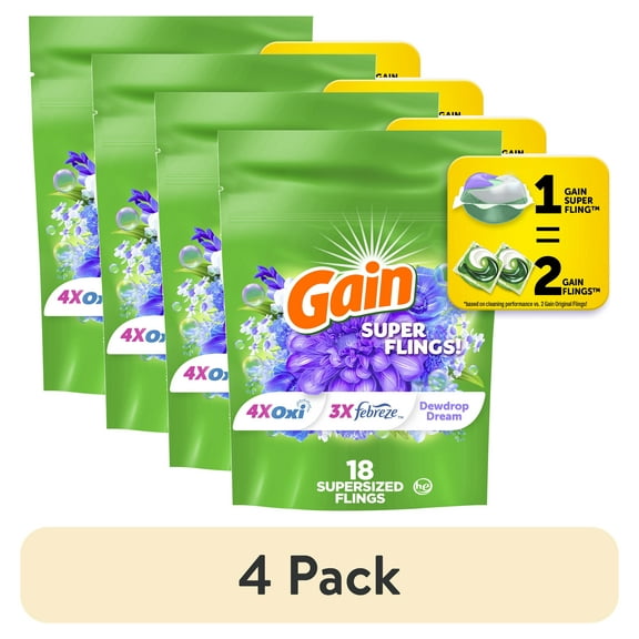 (4 pack) Gain Relax Super-Sized Flings Laundry Detergent Packs, Dewdrop Dream Scent, 18 Count