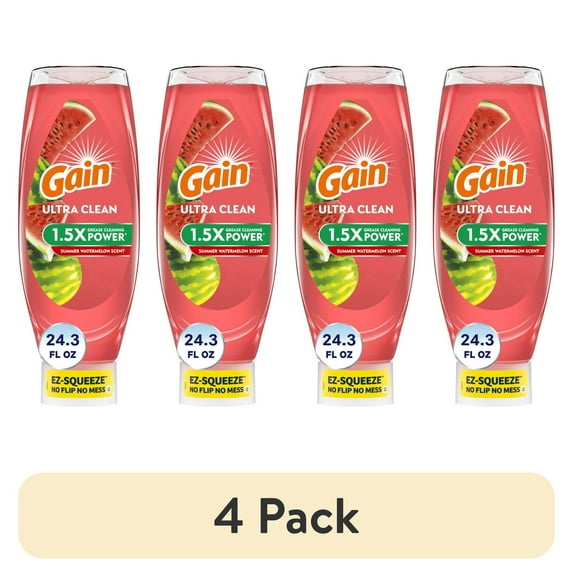 (4 pack) Gain Ultra Original EZ-Squeeze Dish Soap, Dishwashing Liquid, Summer Watermelon, 24.3 fl oz