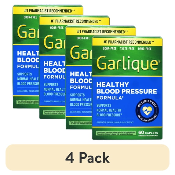 (4 pack) Garlique Garlic Extract Supplement, Healthy Blood Pressure Formula, Odor-Free, Taste-Free, Drug-Free, 60 Caplets