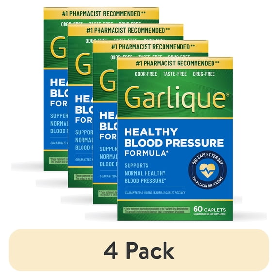(4 pack) Garlique Garlic Extract Supplement, Healthy Blood Pressure Formula, Odor-Free, Taste-Free, Drug-Free, 60 Caplets
