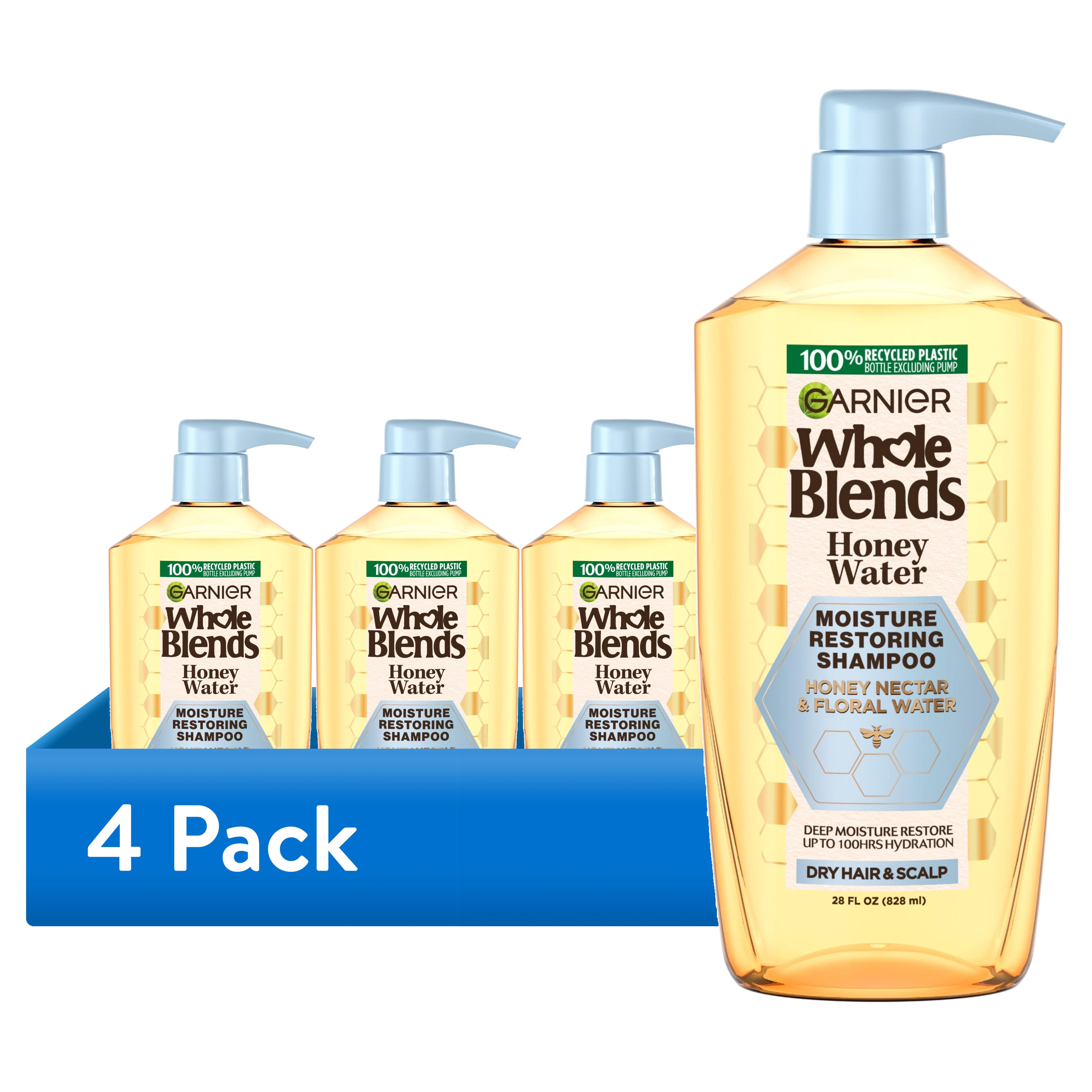 (4 pack) Garnier Whole Blends Honey Water Moisture Restoring Shampoo, Dry Hair, 28 fl oz