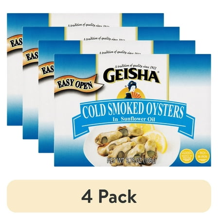 (4 pack) Geisha Cold Smoked Oysters, In Sunflower oil, 3.75 Oz (106g), Ready to Eat in an Easy Open Can