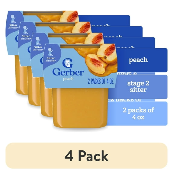 (4 pack) Gerber Stage 2 Baby Food, Peach Puree Tubs, Baby Puree, 2PK 8 oz