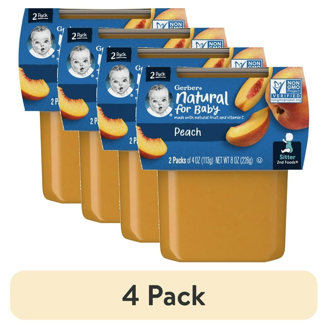 (4 pack) Gerber Stage 2 Baby Food, Peach Puree Tubs, Baby Puree, 2PK 8 oz