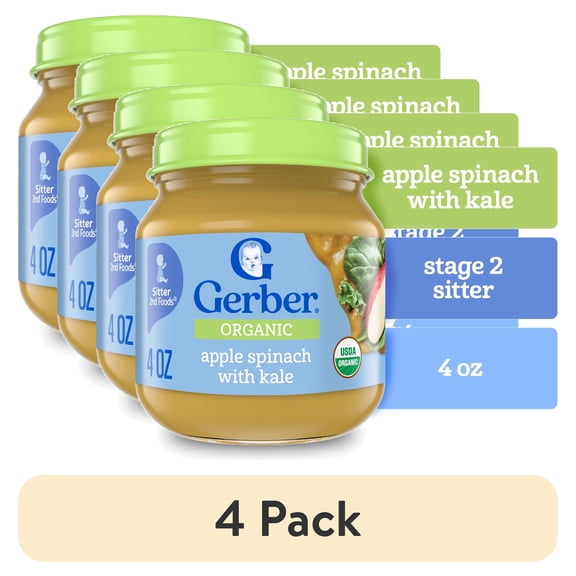 (4 pack) Gerber 2nd Foods Organic for Baby Baby Food, Apple Spinach Kale, 4 oz Jar