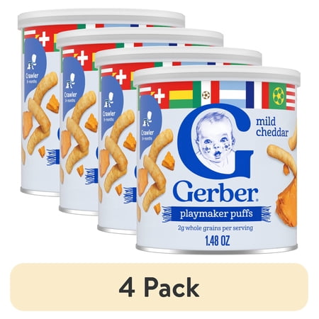 (4 pack) Gerber Playmaker Puffs, Mild Cheddar Game Day Baby Snacks, Lil' Crunchies, Stage 3 1.48 oz