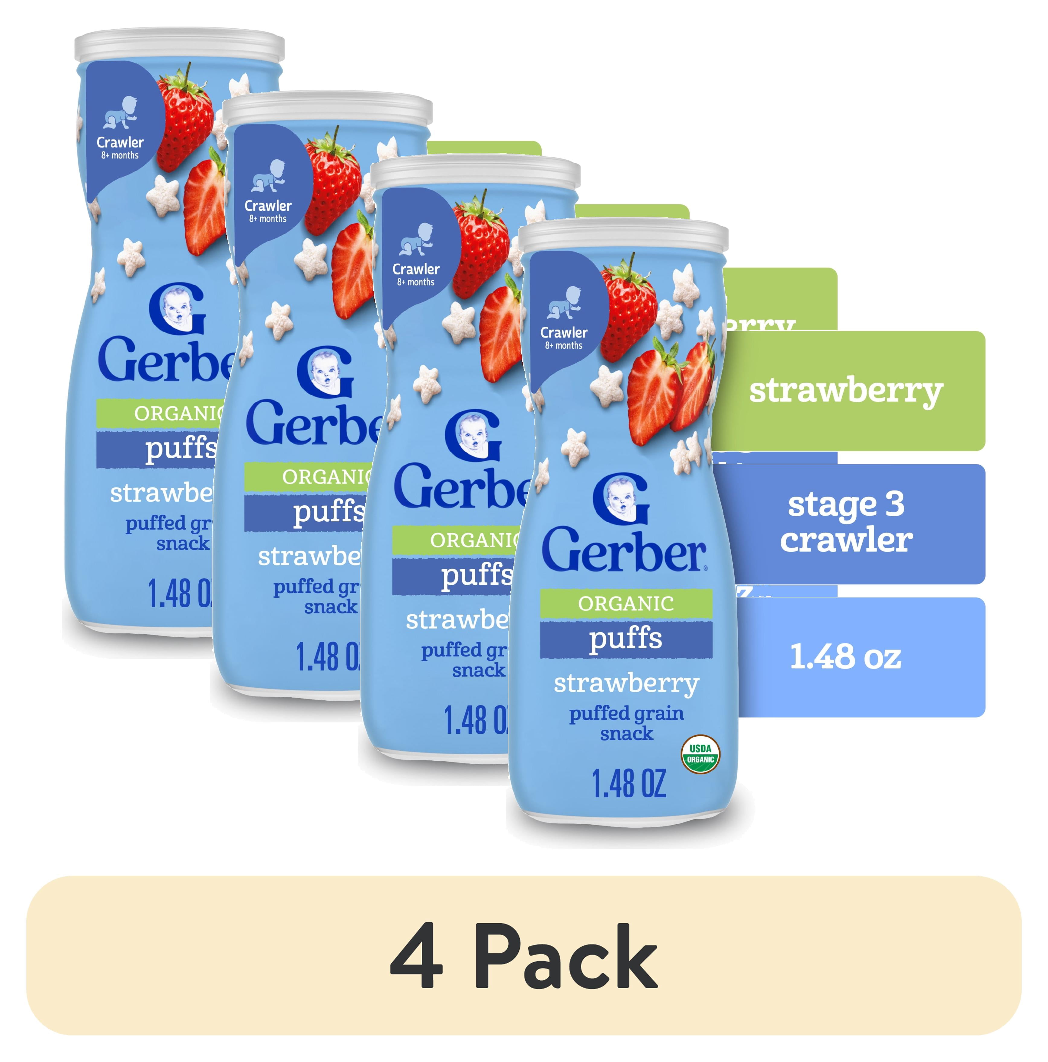 (4 pack) Gerber Organic Stage 3 Baby Snacks Puffs, Grow & Grain Puffs, Strawberry, 1.48 oz Canister