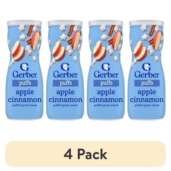 (4 pack) Gerber Snacks for Baby Grain & Grow Puffs, Apple Cinnamon, 1.48 oz Canister