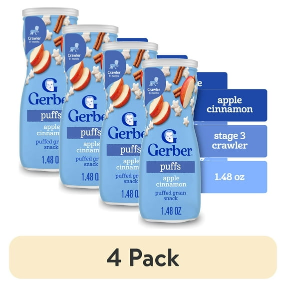 (4 pack) Gerber Snacks for Baby Grain & Grow Puffs, Apple Cinnamon, 1.48 oz Canister
