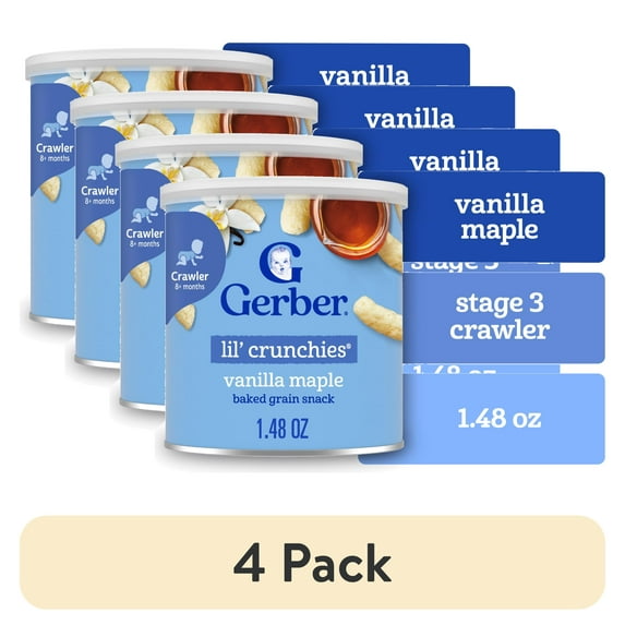 (4 pack) Gerber Snacks for Baby Lil Crunchies Baked Grain Vanilla Maple, 1.48 oz Canister
