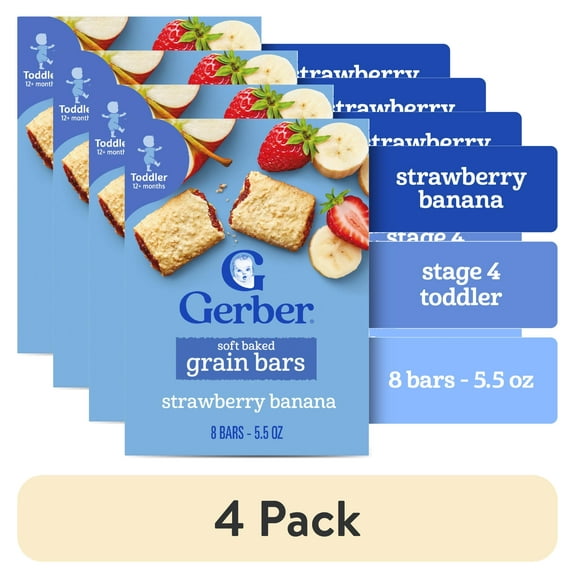 (4 pack) Gerber Toddler Snacks, Soft Baked Grain Bars, Strawberry Banana