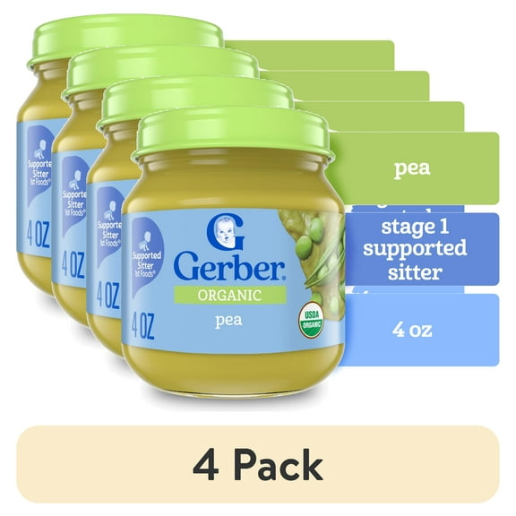 (4 pack) Gerber 1st Foods Organic for Baby Baby Food, Pea, 4 oz Jar