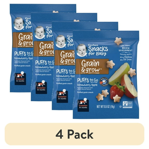 (4 pack) Gerber Stage 3 Baby Food, Strawberry Apple Puff Snack, 0.5 oz