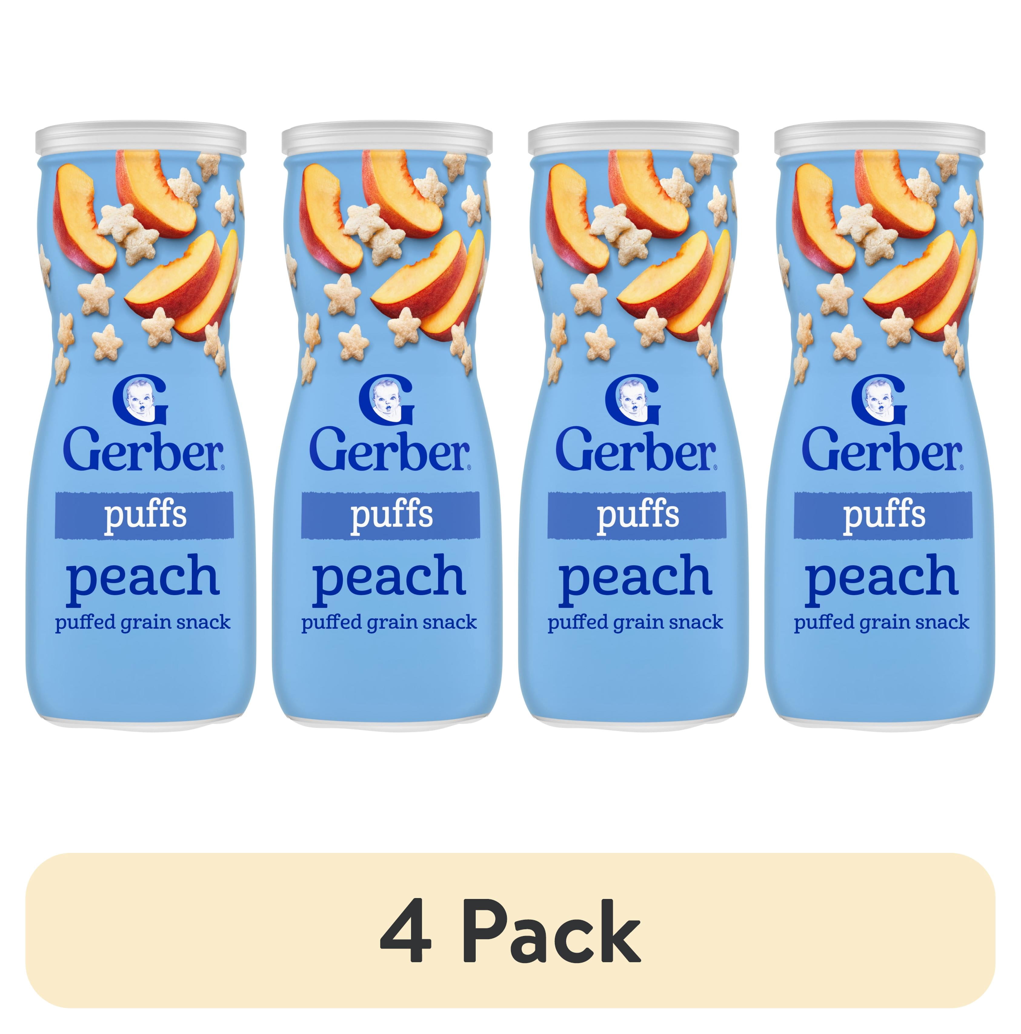 (4 pack) Gerber Puffs Baby Snacks, Peach, Stage 3, Puffed Grain Snack for 8+ Months, 1.48 oz Canister