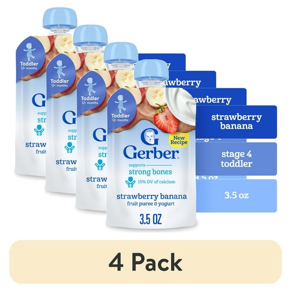 (4 pack) Gerber Toddler Food, Strawberry Banana, Fruit Puree and Yogurt Pouch. No Added Sweeteners 3.5 oz