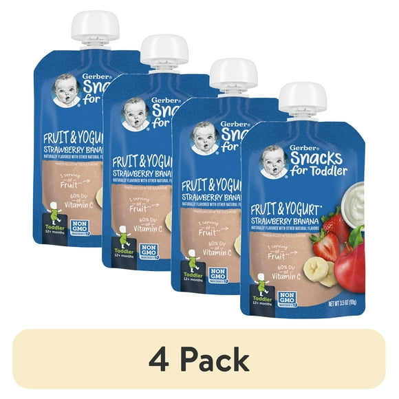 (4 pack) Gerber Toddler Food Snack, Banana Fruit and Yogurt Smoothie, 3.5 oz Pouch