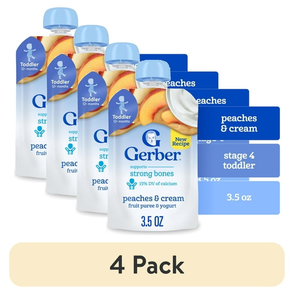 (4 pack) Gerber Fruit & Yogurt, Peaches & Cream Toddler Food, 3.5 oz Pouch