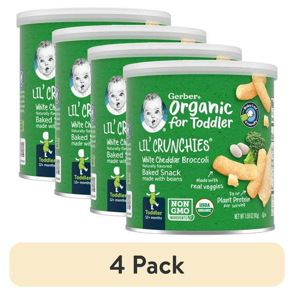 (4 pack) Gerber 2nd Foods Organic for Toddler, Lil' Crunchies, White Cheddar Broccoli, 1.59 oz Canister