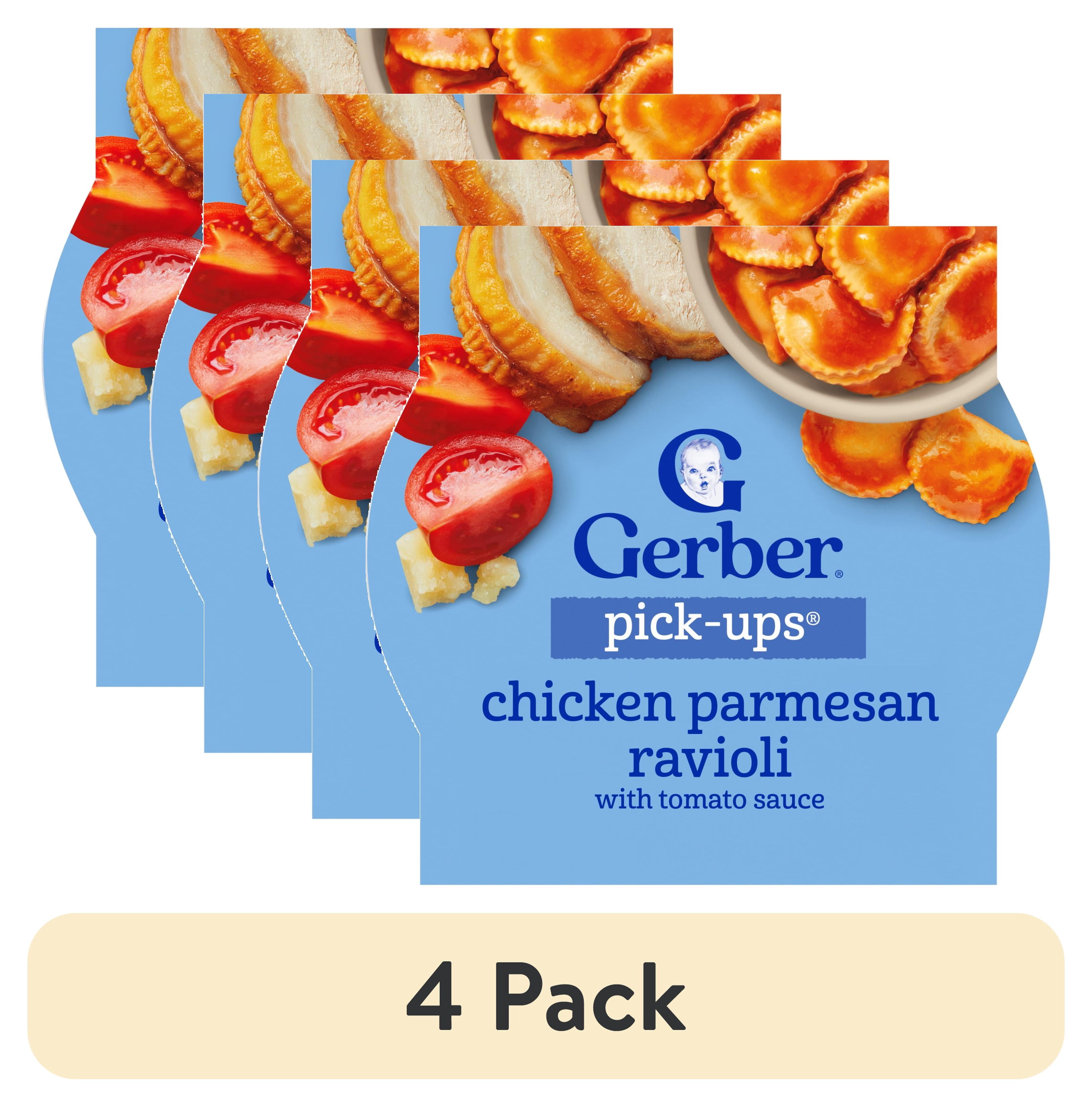 (4 pack) Gerber Pick-Ups Chicken and Parmesan Cheese Ravioli in Tomato Sauce Toddler Meals, 4.5 Oz Tray