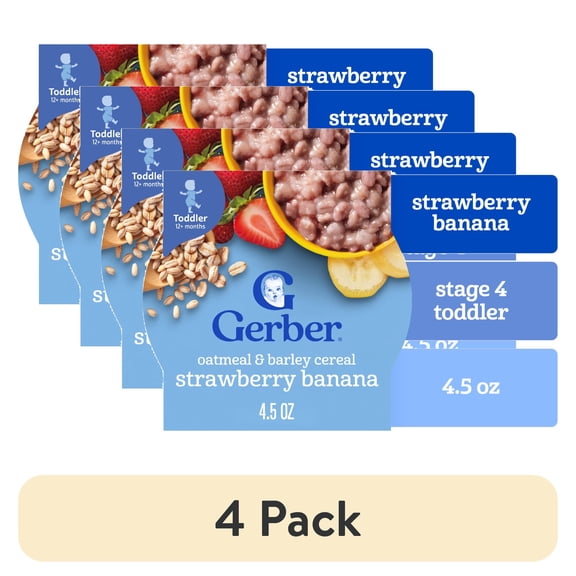(4 pack) Gerber Toddler Food, Oatmeal and Barley Strawberry Banana Cereal, Toddler Oatmeal 4.5 oz
