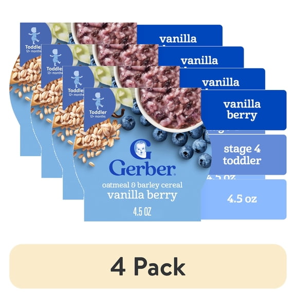 (4 pack) Gerber Toddler Food, Oatmeal and Barley Vanilla Berry Cereal, Toddler Oatmeal 4.5 oz