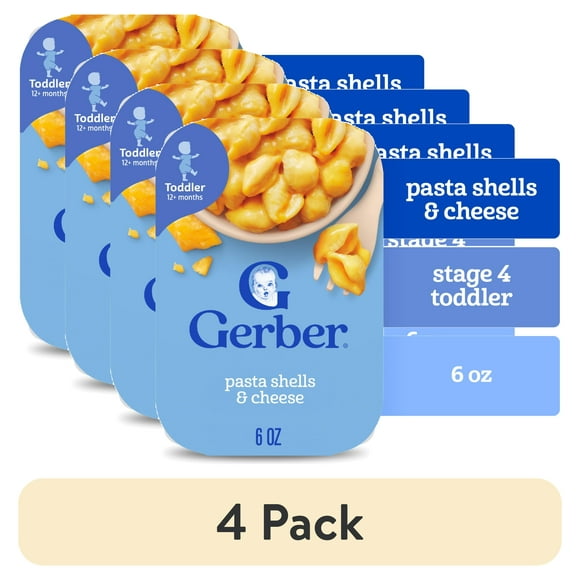(4 pack) Gerber Toddler Food for Baby, Pasta Shells and Cheese Toddler Meal, 6 oz Tray