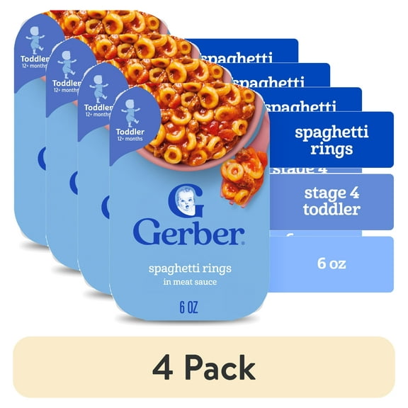 (4 pack) Gerber Mealtime for Toddler, Spaghetti Rings in Meat Sauce Toddler Food, 6 oz Tray