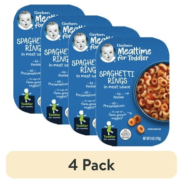 (4 pack) Gerber Toddler Food for Baby, Spaghetti Rings in Meat Sauce Toddler Food, 6 oz Tray