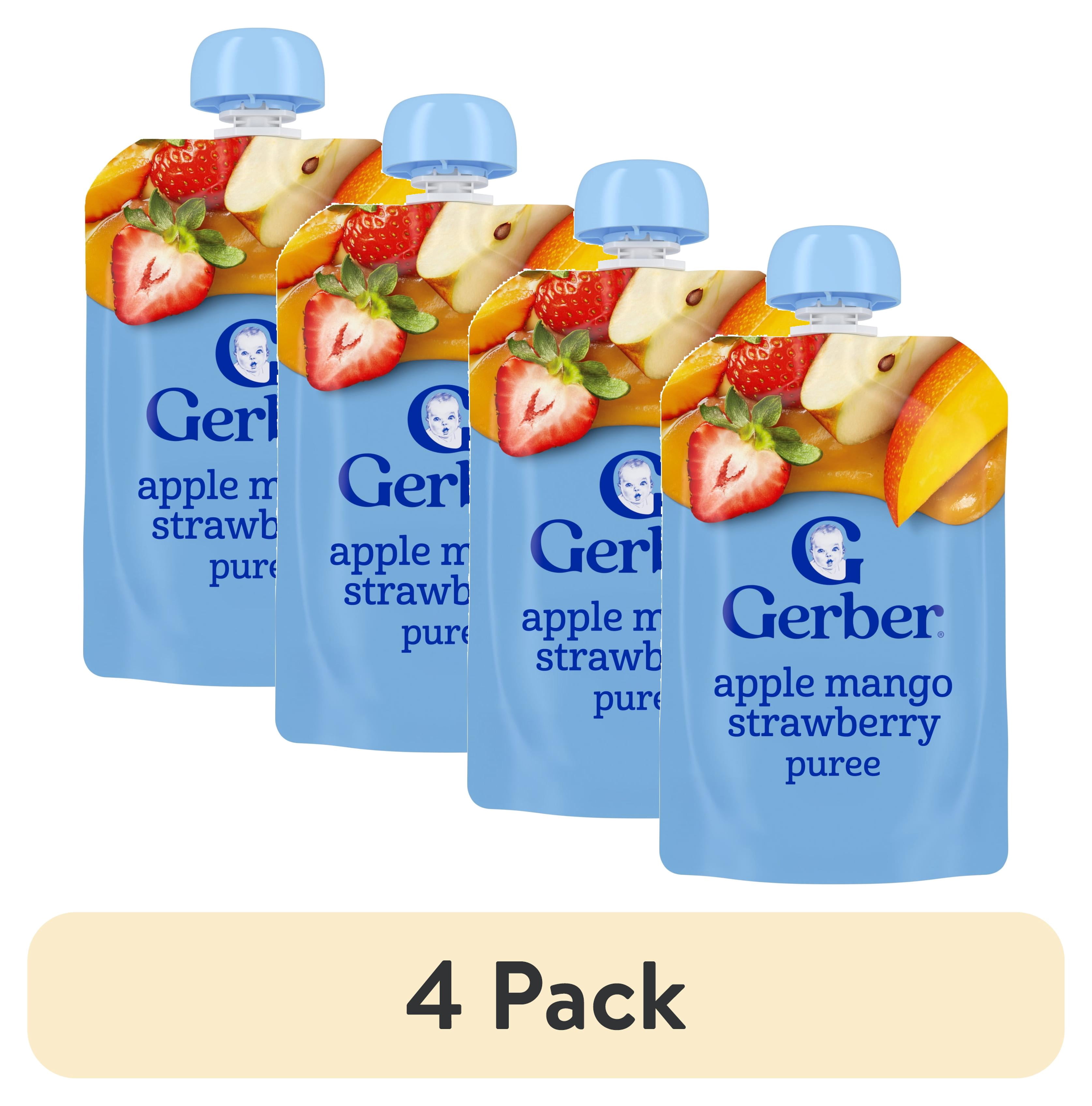 (4 pack) Gerber Stage 2 Baby Food, Apple Mango Strawberry, Puree Baby Pouches