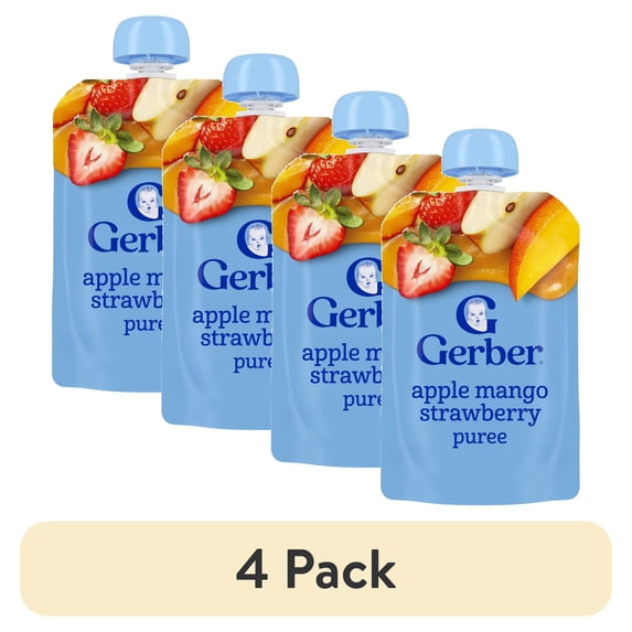 (4 pack) Gerber Stage 2 Baby Food, Apple Mango Strawberry, Puree Baby Pouches