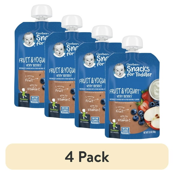 (4 pack) Gerber Toddler Snacks for Baby, Very Berry Fruit and Yogurt Snacks, 3.5 oz Pouch