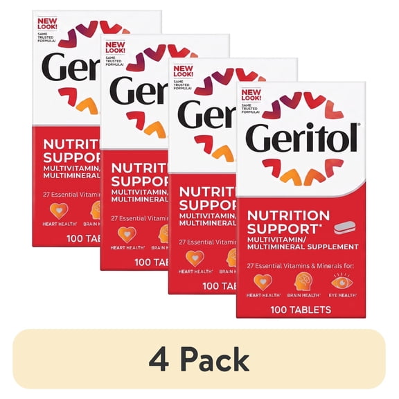(4 pack) Geritol Multivitamin with Iron and Energy Support for Adults & Teens, with 27 Essential Vitamins and Minerals,, 100 Ct, Pack of 1