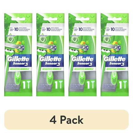 (4 pack) Gillette Sensor3 Sensitive Men's Disposable Razor, 1 Razor, Green