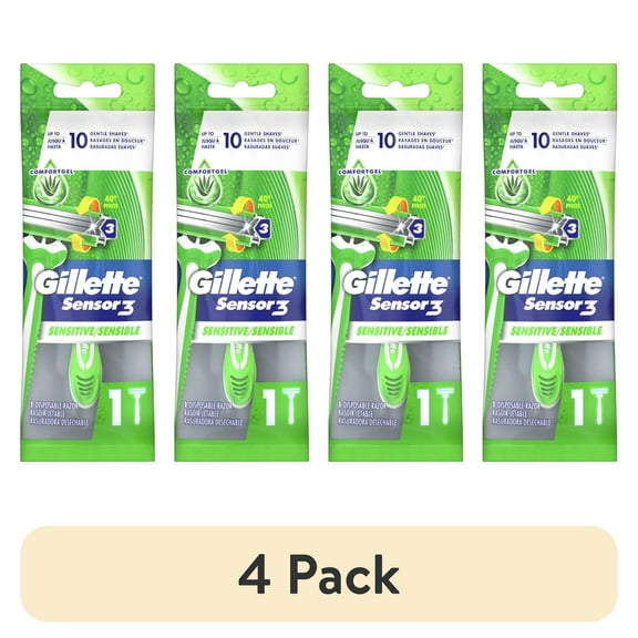 (4 pack) Gillette Sensor3 Sensitive Men's Disposable Razor, 1 Razor, Green